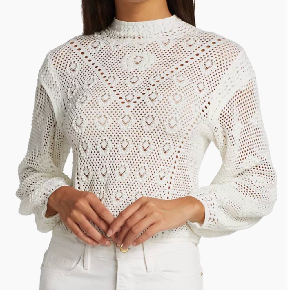 Frame Mock Neck Crochet Sweater in Off-White | Size XXS